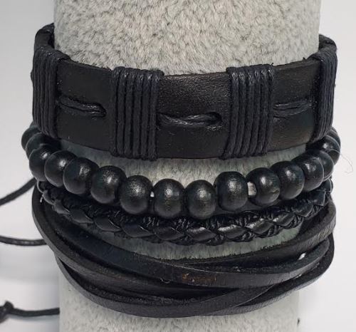 *B691 Black Leather Wood Bead Bracelet Set - Iris Fashion Jewelry