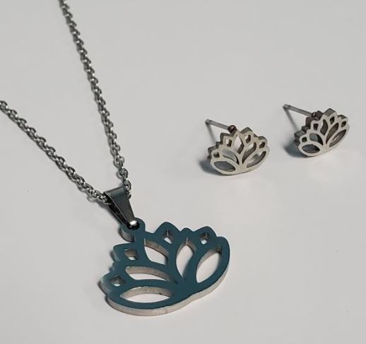 *N238 Silver Lotus Flower Necklace with FREE Earrings - Iris Fashion Jewelry