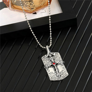 N1487 Silver Color Red Gemstone Cross Dog Tag Necklace - Iris Fashion Jewelry