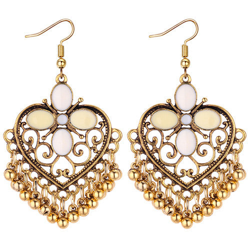 E1640 Gold Heart Beige Enamel Bead Tassel Earrings - Iris Fashion Jewelry
