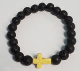 B579 Black Lava Stone Yellow Cross Bead Bracelet - Iris Fashion Jewelry