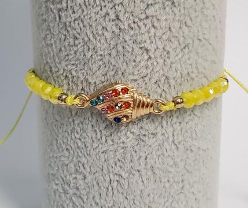 *B720 Yellow Cord Bead Multi Color Rhinestone Conch Shell Bracelet - Iris Fashion Jewelry