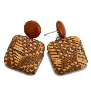 E740 Brown & Beige Woven Straw Square Earrings - Iris Fashion Jewelry