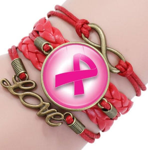 B723 Red Pink Ribbon Breast Cancer Awareness Layered Bracelet - Iris Fashion Jewelry