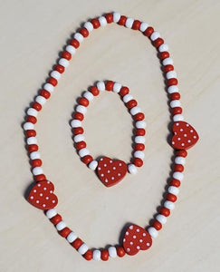 L449 Red & White Polka Dot Heart Wooden Necklace & Bracelet Set - Iris Fashion Jewelry