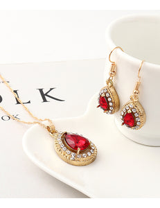 N415 Gold Red Teardrop Gemstone Necklace with FREE Earrings - Iris Fashion Jewelry