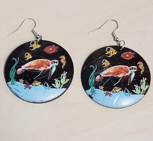 E94 Sea Turtle Coconut Shell Wooden Earrings - Iris Fashion Jewelry