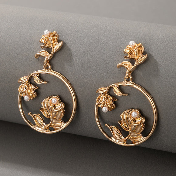 E1691 Gold Rose Pearl Circle Dangle Earrings - Iris Fashion Jewelry