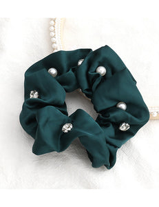 H577 Green Pearls & Rhinestones Hair Scrunchie - Iris Fashion Jewelry