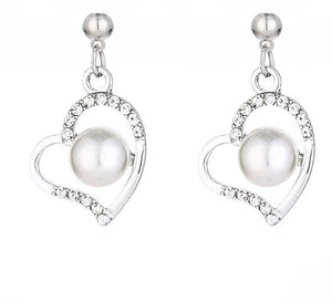 E503 Silver Rhinestone Heart Pearl Earrings - Iris Fashion Jewelry