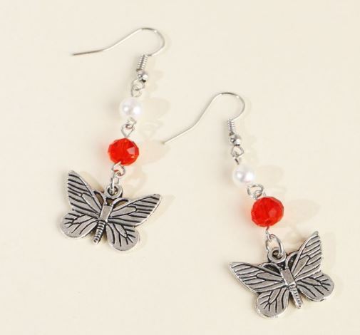 E1297 Silver Butterfly Pearl & Red Bead Earrings - Iris Fashion Jewelry