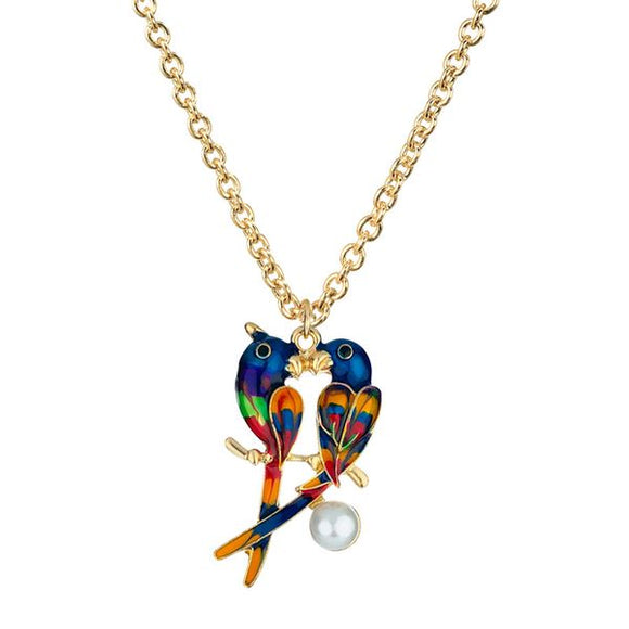 N1176 Baked Enamel Multi Color Lovebirds Necklace with Free Earrings - Iris Fashion Jewelry