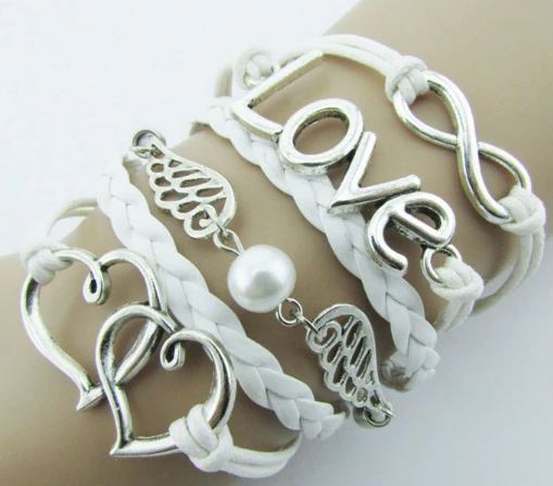 B146 White Hearts Wings Leather Layer Bracelet - Iris Fashion Jewelry