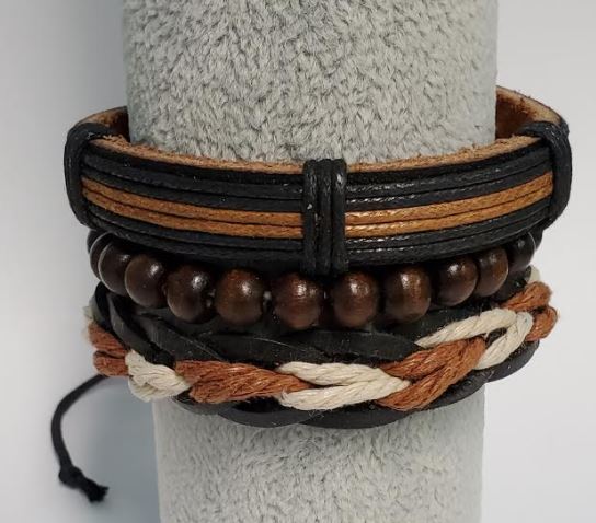 *B905 Brown Leather and Wooden Bead Bracelet Set - Iris Fashion Jewelry