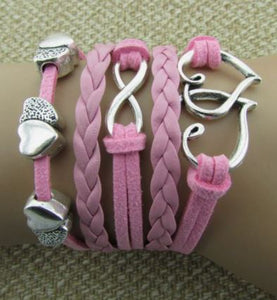 B121 Light Pink & White Hearts Leather Layer Bracelet - Iris Fashion Jewelry