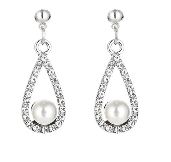 E765 Silver Rhinestone Teardrop Pearl Earrings - Iris Fashion Jewelry