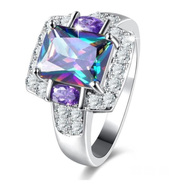 R493 Silver Iridescent Gemstone Purple Rhinestone Ring - Iris Fashion Jewelry