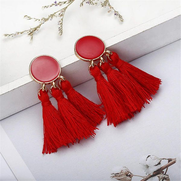 E1344 Red Baked Enamel Circle Triple Tassel Earrings - Iris Fashion Jewelry