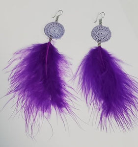 *E392 Purple Large 4" Feather Earrings - Iris Fashion Jewelry