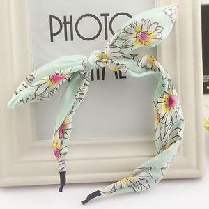 H644 Mint Green Floral Design Fabric Covered Head Band with Bow - Iris Fashion Jewelry