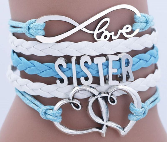 B341 Light Blue & White Sister Leather Layered Bracelet - Iris Fashion Jewelry