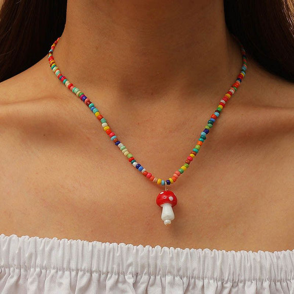N1343 Multi Color Seed Bead with Mushroom Necklace with FREE Earrings - Iris Fashion Jewelry