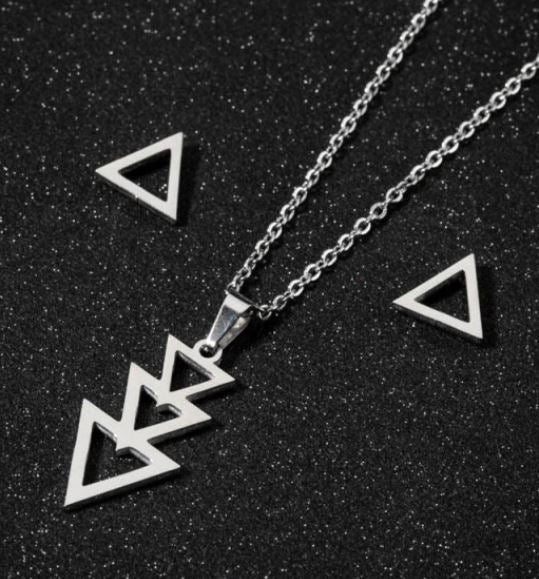 N1734 Silver Triangle Stainless Steel Necklace with FREE Earrings - Iris Fashion Jewelry
