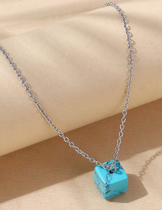 N459 Silver Turquoise Crackle Stone Cube Necklace with FREE Earrings - Iris Fashion Jewelry