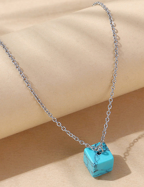 N459 Silver Turquoise Crackle Stone Cube Necklace with FREE Earrings - Iris Fashion Jewelry