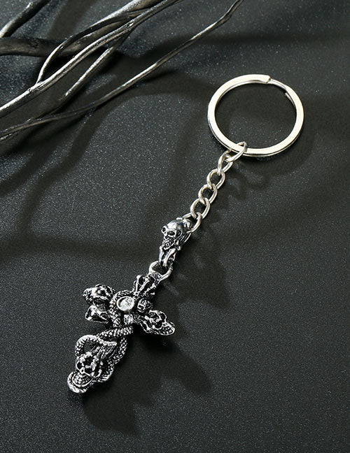 K116 Silver Cross with Skulls & Snakes Keychain - Iris Fashion Jewelry