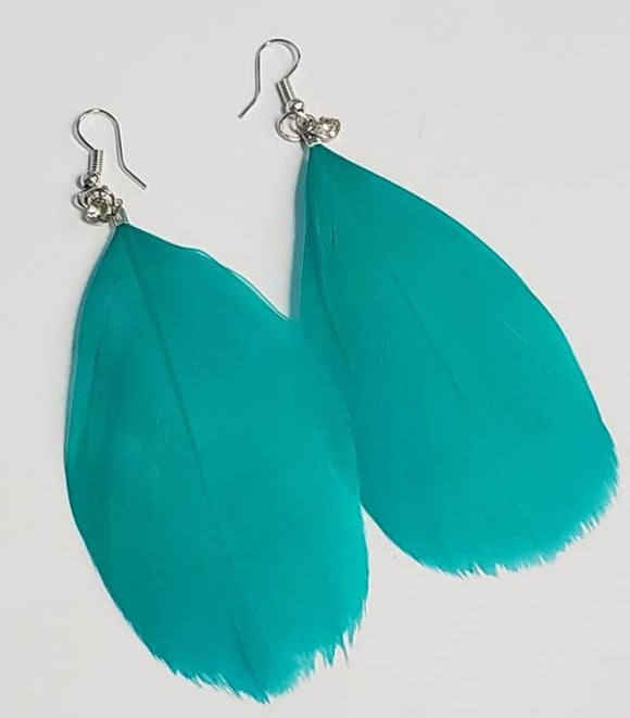 *E428 Large Teal Feather with Rhinestone Earrings - Iris Fashion Jewelry