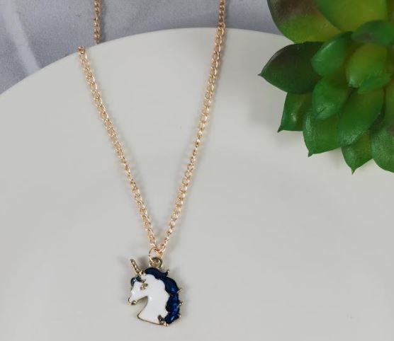 L156 Gold Baked Enamel Blue Unicorn Necklace with FREE Earrings - Iris Fashion Jewelry