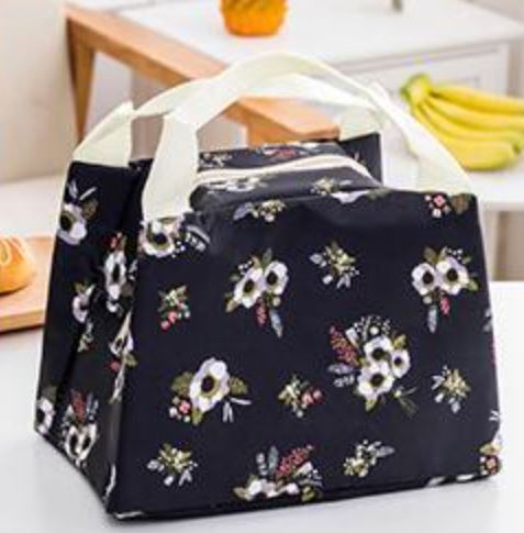 G204 Black Floral Print Insulated Lunch Tote with Zipper Closure - Iris Fashion Jewelry