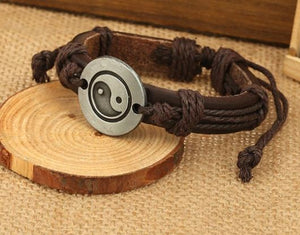 *B32 Silver Yin Yang Brown Leather Brown Cord Bracelet - Iris Fashion Jewelry