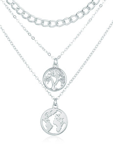 N1644 Silver Tree of Life & Globe Layered Necklace with FREE Earrings - Iris Fashion Jewelry