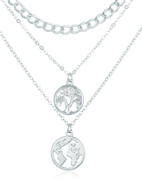 N1644 Silver Tree of Life & Globe Layered Necklace with FREE Earrings - Iris Fashion Jewelry