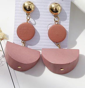 *E385 Pale Pink Wooden Circle with Half Moon Earrings - Iris Fashion Jewelry