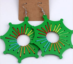 *E942 Large Bright Green Multi Color Thread Geometric Earrings - Iris Fashion Jewelry