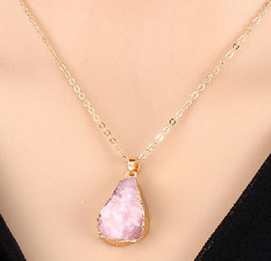 N1596 Gold Pale Pink Imitation Natural Stone Necklace with FREE Earrings - Iris Fashion Jewelry