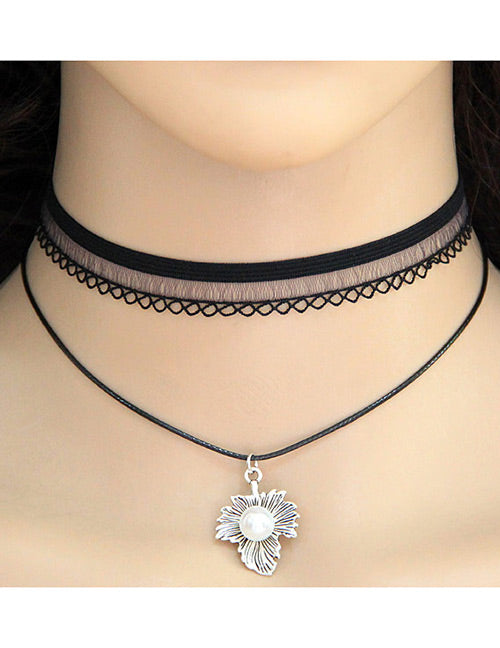 N374 Black Layered Lace Choker with Leaf & Pearl Necklace with FREE Earrings - Iris Fashion Jewelry