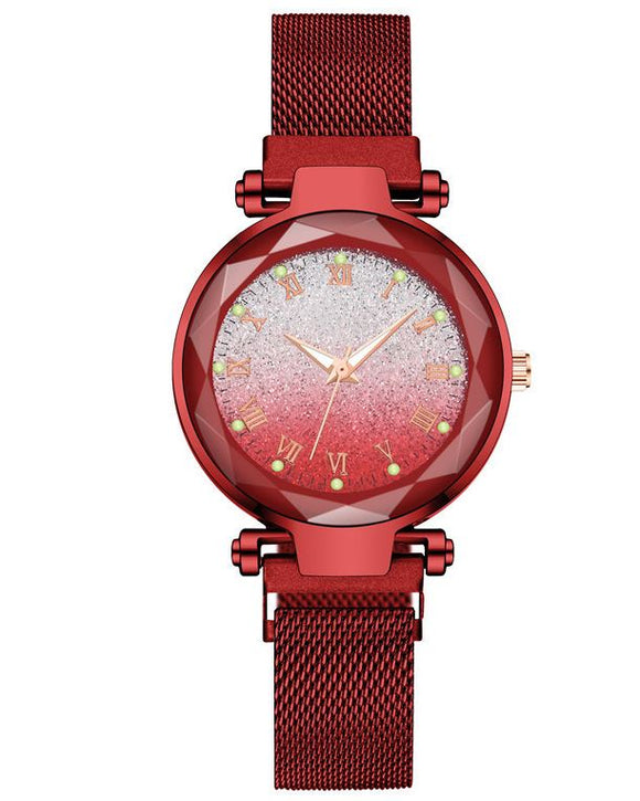 W385 Red Mesh Magnet Band Ombre Glitter Collection Quartz Watch - Iris Fashion Jewelry