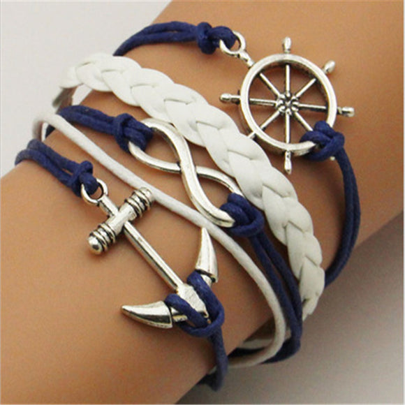 B1173 Silver Anchor Ship Wheel Infinity Leather Bracelet - Iris Fashion Jewelry