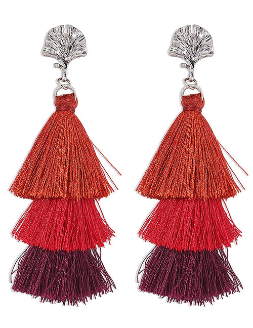 E1762 Silver Shades of Red Layer Tassel Earrings - Iris Fashion Jewelry