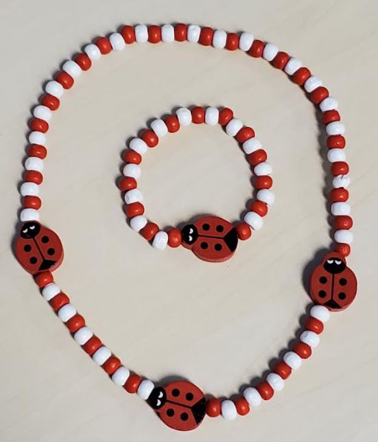 L447 Red & White Ladybug Wooden Necklace & Bracelet Set - Iris Fashion Jewelry