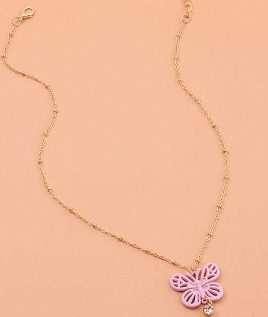 *N362 Gold Pink Butterfly with Gem Necklace with FREE Earrings - Iris Fashion Jewelry