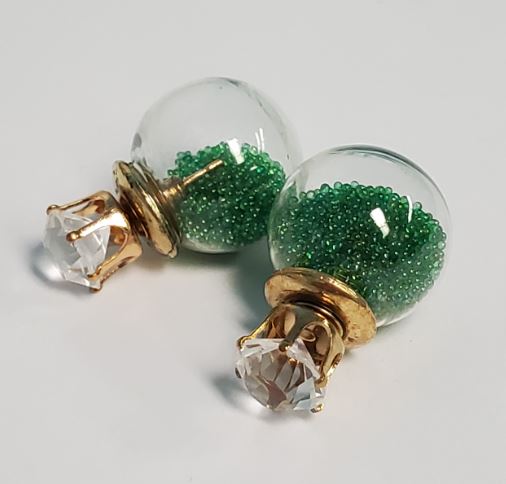 *E301 Gold Rhinestone & Green Bead Filled Ball Earrings - Iris Fashion Jewelry