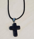 N1184 Black Blue Glitter Cross Natural Quartz Stone on Leather Cord Necklace with FREE Earrings - Iris Fashion Jewelry