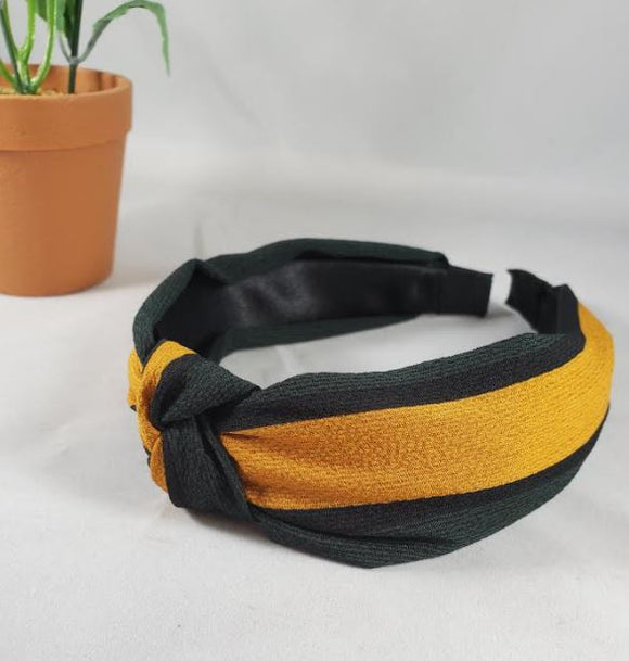 H86 Dark Green & Gold Stripe Design Knotted Fabric Covered Head Band - Iris Fashion Jewelry