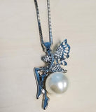 N480 Silver Rhinestone Fairy Sitting on Pearl Necklace with FREE Earrings - Iris Fashion Jewelry