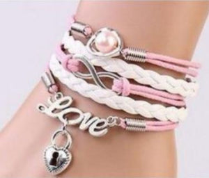B170 Light Pink & White Heart Locket Leather Layer Bracelet - Iris Fashion Jewelry